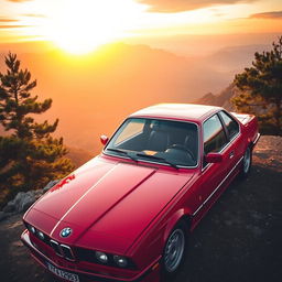 A striking BMW E24, the classic sports car from the 1980s, parked on a scenic mountain overlook during sunset