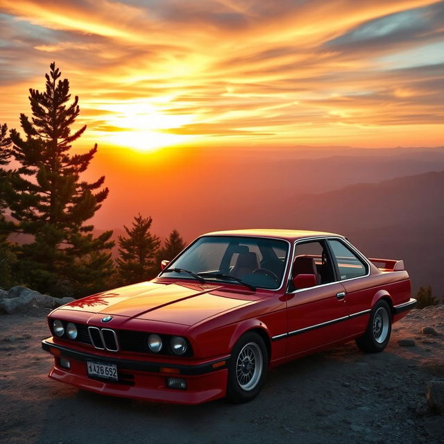 A striking BMW E24, the classic sports car from the 1980s, parked on a scenic mountain overlook during sunset