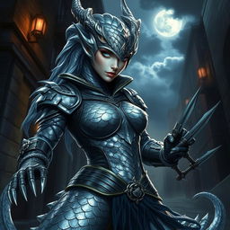 A striking silver Dragonborn female rogue, with shimmering scales reflecting light in various hues