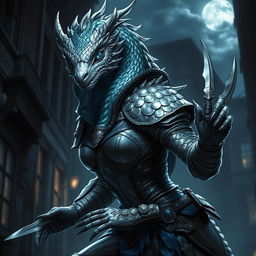 A striking silver Dragonborn female rogue, with shimmering scales reflecting light in various hues