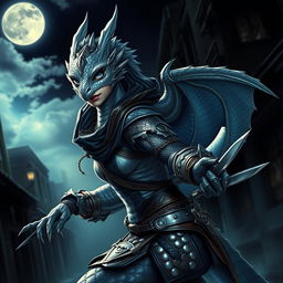 A striking silver Dragonborn female rogue, with shimmering scales reflecting light in various hues