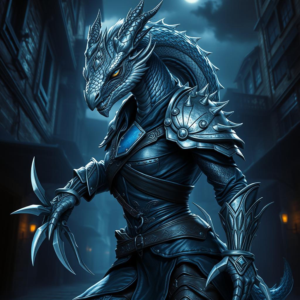 A striking silver Dragonborn female rogue, with shimmering scales reflecting light in various hues