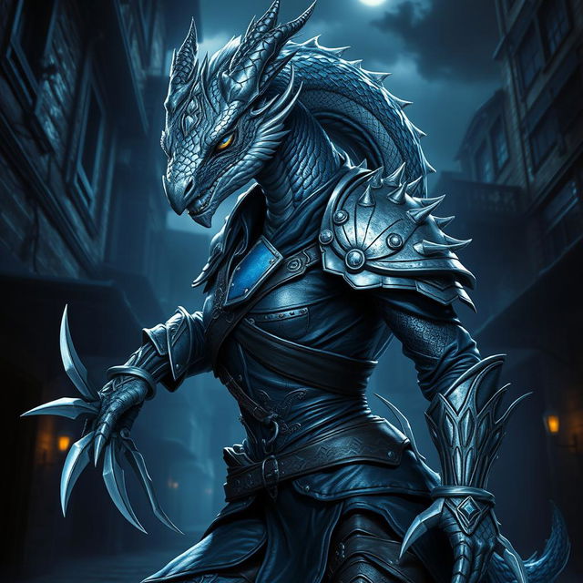 A striking silver Dragonborn female rogue, with shimmering scales reflecting light in various hues