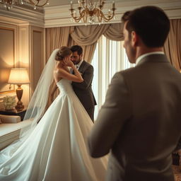A dramatic scene set in a luxurious honeymoon suite, showcasing an emotional moment