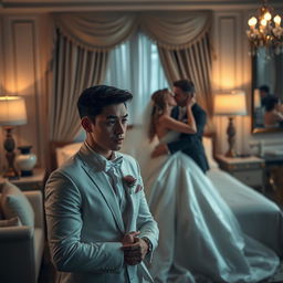 A dramatic scene set in a luxurious honeymoon suite, showcasing an emotional moment