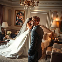 A dramatic scene set in a luxurious honeymoon suite, showcasing an emotional moment