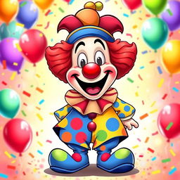 A cheerful cartoon clown bursting with colors and joy, illustrated in a playful and vibrant style