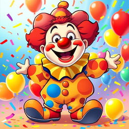 A cheerful cartoon clown bursting with colors and joy, illustrated in a playful and vibrant style