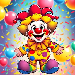 A cheerful cartoon clown bursting with colors and joy, illustrated in a playful and vibrant style