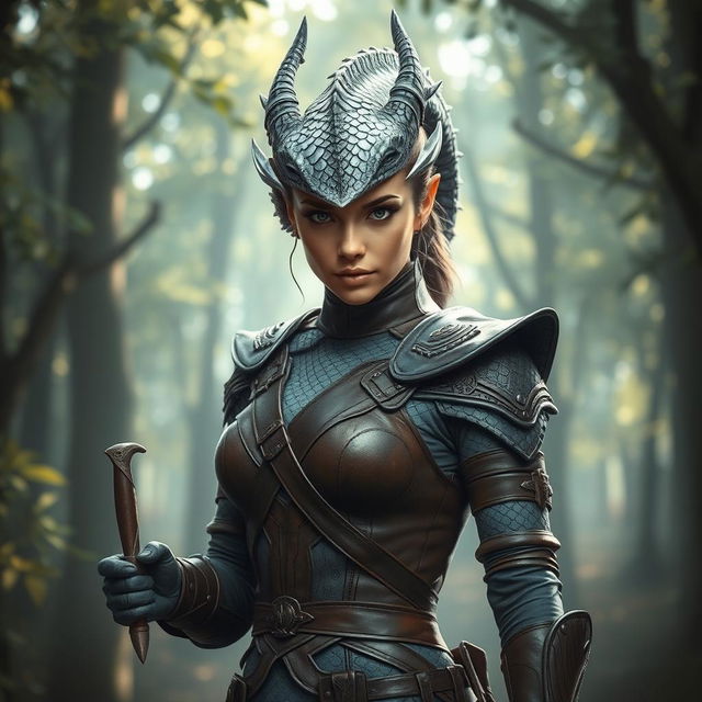 A silver dragon rogue woman with cold shimmery scales and piercing eyes, wearing form-fitting brown leather armor adorned with intricate designs