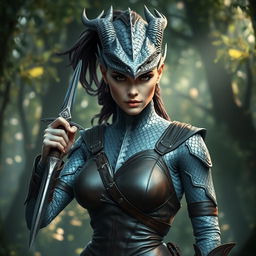 A silver dragon rogue woman with cold shimmery scales and piercing eyes, wearing form-fitting brown leather armor adorned with intricate designs
