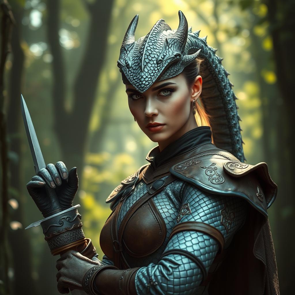 A silver dragon rogue woman with cold shimmery scales and piercing eyes, wearing form-fitting brown leather armor adorned with intricate designs