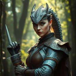 A silver dragon rogue woman with cold shimmery scales and piercing eyes, wearing form-fitting brown leather armor adorned with intricate designs