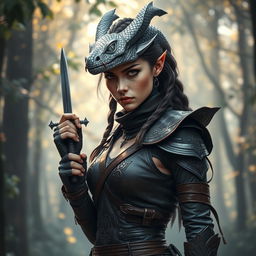 A silver dragon rogue woman with cold shimmery scales and piercing eyes, wearing form-fitting brown leather armor adorned with intricate designs