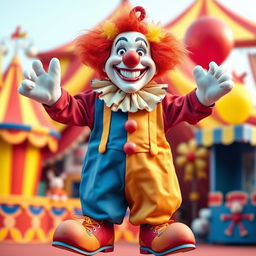 A very funny and realistic clown depicted in full height, standing with empty hands and no balloons, radiating a cheerful and non-scary presence