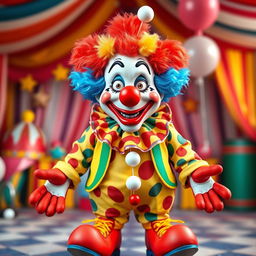 A very funny and realistic clown depicted in full height, standing with empty hands and no balloons, radiating a cheerful and non-scary presence