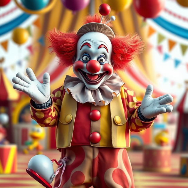 A very funny and realistic clown depicted in full height, standing with empty hands and no balloons, radiating a cheerful and non-scary presence