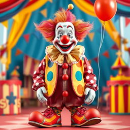 A very funny and realistic clown depicted in full height, standing with empty hands and no balloons, radiating a cheerful and non-scary presence