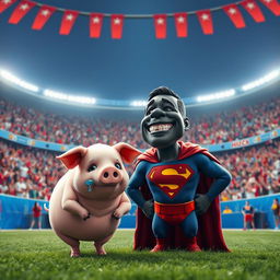 Inside a vibrant blue, red, and white football stadium, a joyful black superman wearing a classic superhero costume with a bold 'S' on his chest laughs heartily