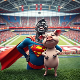 Inside a vibrant blue, red, and white football stadium, a joyful black superman wearing a classic superhero costume with a bold 'S' on his chest laughs heartily