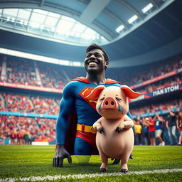 Inside a vibrant blue, red, and white football stadium, a joyful black superman wearing a classic superhero costume with a bold 'S' on his chest laughs heartily