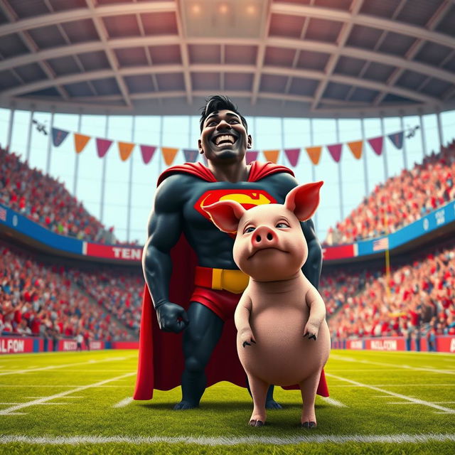 Inside a vibrant blue, red, and white football stadium, a joyful black superman wearing a classic superhero costume with a bold 'S' on his chest laughs heartily