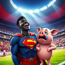Inside a vibrant blue, red, and white football stadium, a joyful black superman, dressed in his iconic superhero outfit with a prominent 'S' on his chest, is laughing heartily