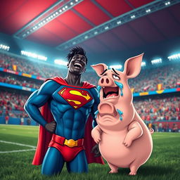 Inside a vibrant blue, red, and white football stadium, a joyful black superman, dressed in his iconic superhero outfit with a prominent 'S' on his chest, is laughing heartily