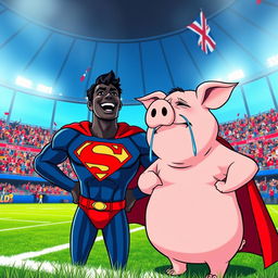Inside a vibrant blue, red, and white football stadium, a joyful black superman, dressed in his iconic superhero outfit with a prominent 'S' on his chest, is laughing heartily