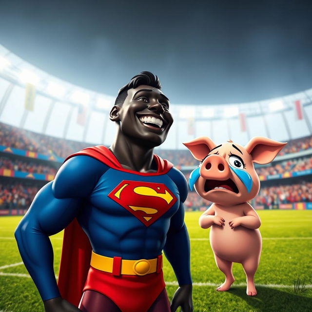 Inside a vibrant blue, red, and white football stadium, a joyful black superman, dressed in his iconic superhero outfit with a prominent 'S' on his chest, is laughing heartily