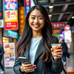 A beautiful Taiwanese woman in a modern urban setting, smiling and showing warmth, dressed in stylish casual wear, with long flowing hair and a friendly demeanor