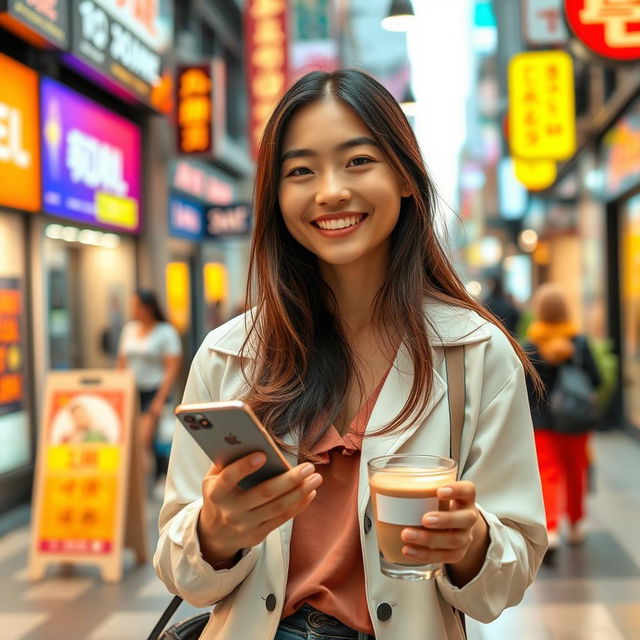 A beautiful Taiwanese woman in a modern urban setting, smiling and showing warmth, dressed in stylish casual wear, with long flowing hair and a friendly demeanor