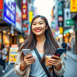 A beautiful Taiwanese woman in a modern urban setting, smiling and showing warmth, dressed in stylish casual wear, with long flowing hair and a friendly demeanor