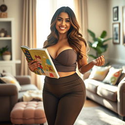 A voluptuous, attractive Latina nanny with large breasts and curvy hips, dressed in a stylish yet slightly revealing outfit that highlights her figure, standing in a cozy, well-decorated living room