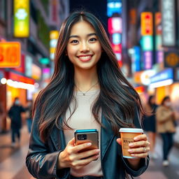 A stunning Taiwanese woman in a lively urban environment, exuding charm and positivity, wearing chic and contemporary fashion