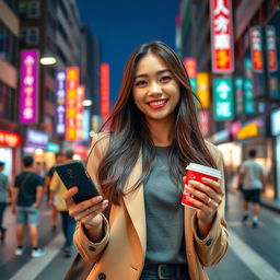 A stunning Taiwanese woman in a lively urban environment, exuding charm and positivity, wearing chic and contemporary fashion