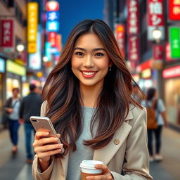 A stunning Taiwanese woman in a lively urban environment, exuding charm and positivity, wearing chic and contemporary fashion
