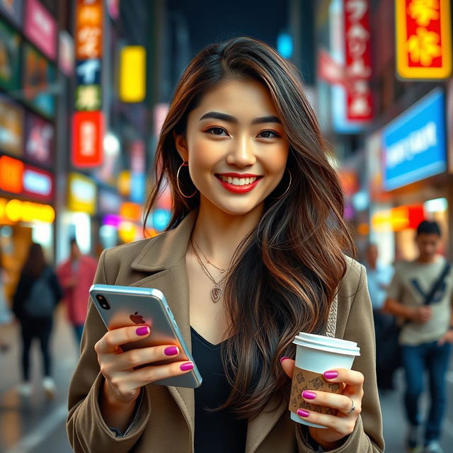 A stunning Taiwanese woman in a lively urban environment, exuding charm and positivity, wearing chic and contemporary fashion