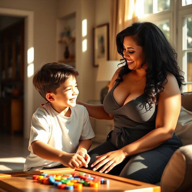 A curvy, attractive Latina nanny with large breasts and ample hips, dressed in a stylish outfit that flatters her figure, playfully interacting with a young teenage boy in a warm, inviting living room