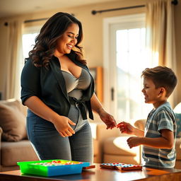 A curvy, attractive Latina nanny with large breasts and ample hips, dressed in a stylish outfit that flatters her figure, playfully interacting with a young teenage boy in a warm, inviting living room