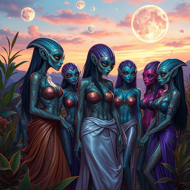 A captivating scene depicting a group of alien women in a vibrant extraterrestrial landscape