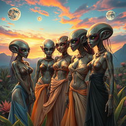 A captivating scene depicting a group of alien women in a vibrant extraterrestrial landscape