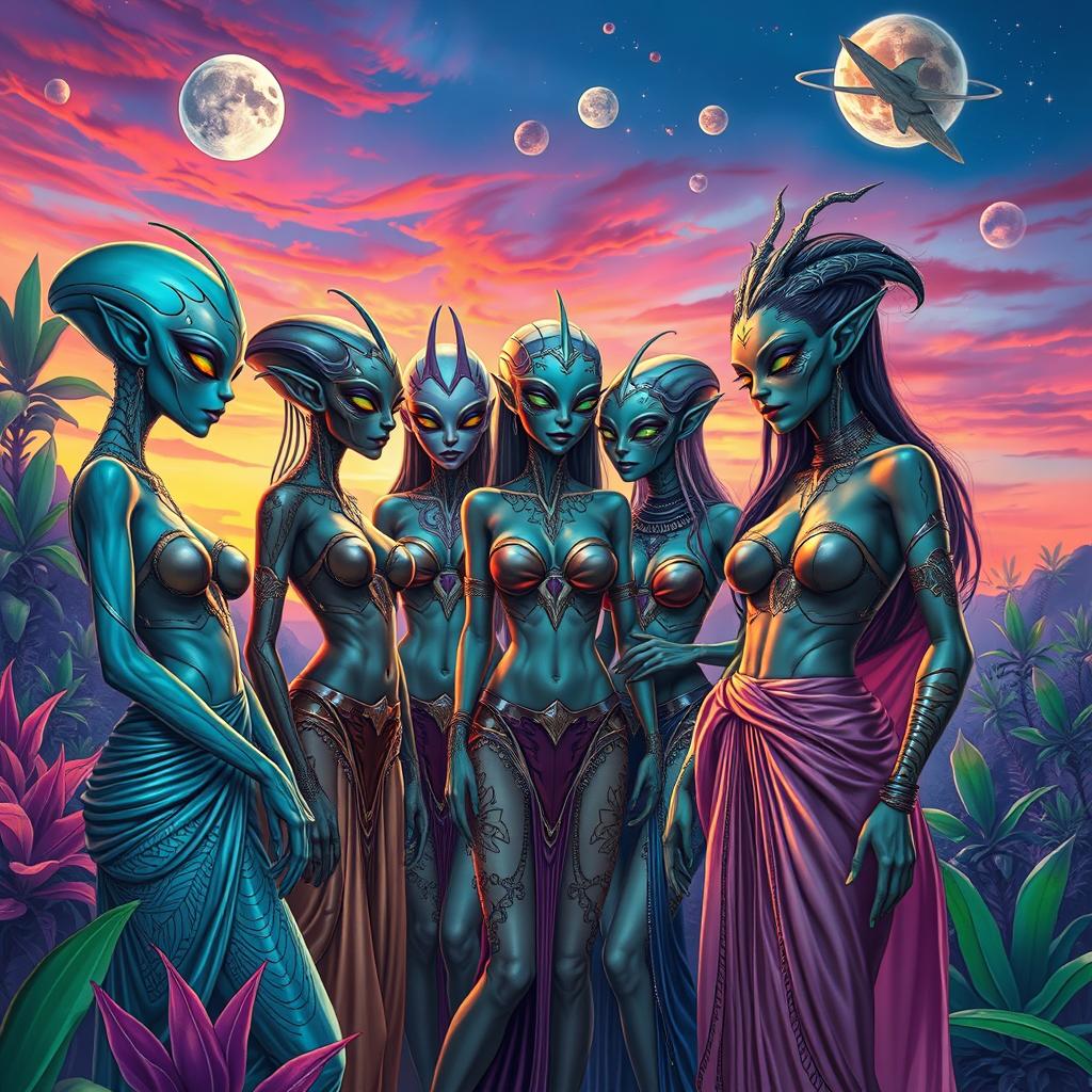 A captivating scene depicting a group of alien women in a vibrant extraterrestrial landscape