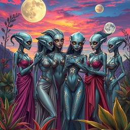 A captivating scene depicting a group of alien women in a vibrant extraterrestrial landscape