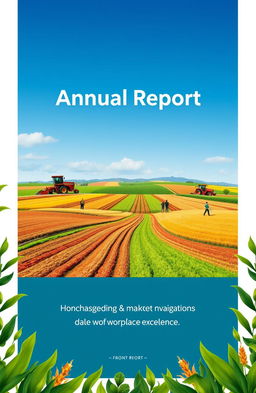 A front page design for an annual report of an agriculture company, showcasing themes of company resilience, market navigation, and workplace excellence