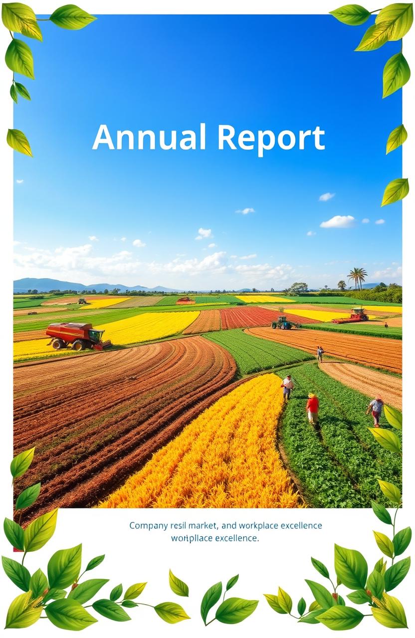 A front page design for an annual report of an agriculture company, showcasing themes of company resilience, market navigation, and workplace excellence