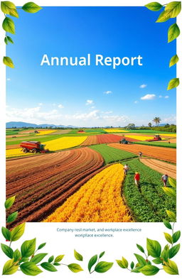 A front page design for an annual report of an agriculture company, showcasing themes of company resilience, market navigation, and workplace excellence