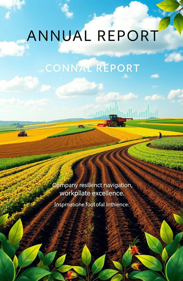 A front page design for an annual report of an agriculture company, showcasing themes of company resilience, market navigation, and workplace excellence