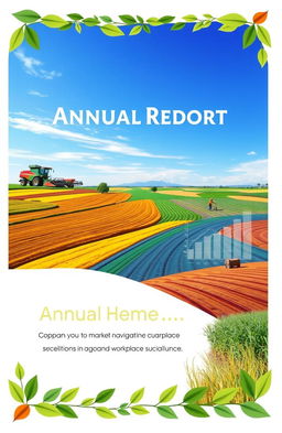 A front page design for an annual report of an agriculture company, showcasing themes of company resilience, market navigation, and workplace excellence