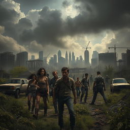An intense scene depicting a post-apocalyptic cityscape, showcasing the remnants of civilization taken over by nature and zombies